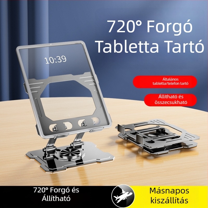 H25 fém asztali állvány sík felülethez, 720°-os forgatással; OEM gyártás; tömeg 400 g; kompatibilis iPad, iPhone és iPod touch.