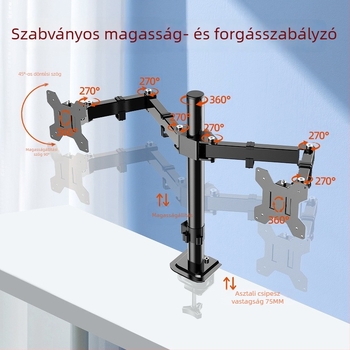Duál asztali monitor-tartó clamp – Szabad forgatás, ergonómiai beállítás, felemelés; Anyag: SPCC hidegen hengerelt acél; Modell TH-MT-022N; Alkalmas számítógép-monitorokra; Tömeg: 3,1 kg; Stílus: forgó