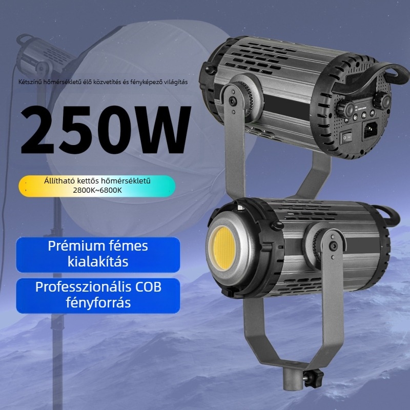 250W fém COB LED világítás fotózáshoz, 220V, állítható fényerő és színhőmérséklet, önálló tápellátás