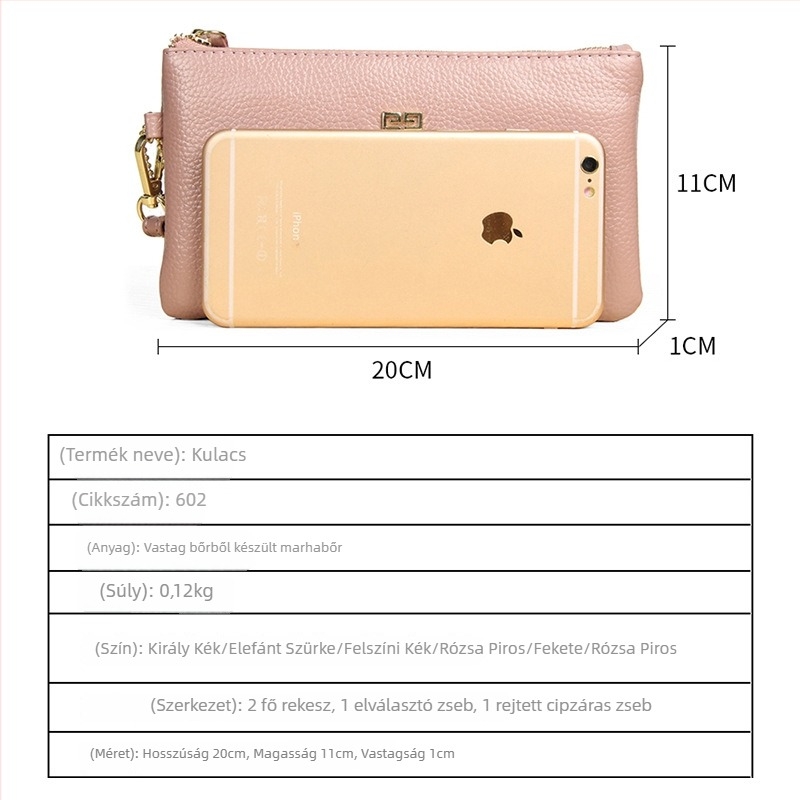Hosszú clutch pénztárca természetes bőrből, első réteg marhabőrből, ultra vékony, cipzárral, poliészter bélés