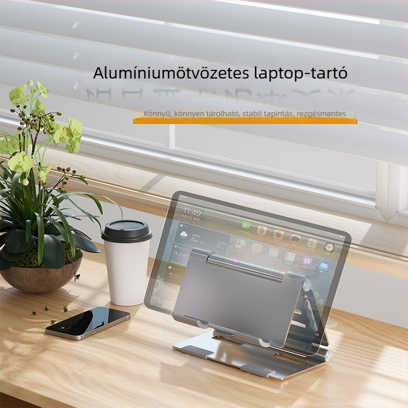 Alumínium ötvözetből készült tablet-tartó, összecsukható, 360°-os forgás, beépített hűtés, emelő alap, kompatibilis iPad/iPhone/iPod touch