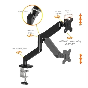 Gázos monitorállvány forgó mechanikus karral, asztali kijelzőtartó, emelő típus. Anyag: vas + alumínium ötvözet + műanyag; Tömeg: 2,0 kg; Modell: egyrészes kar gázos támaszval.