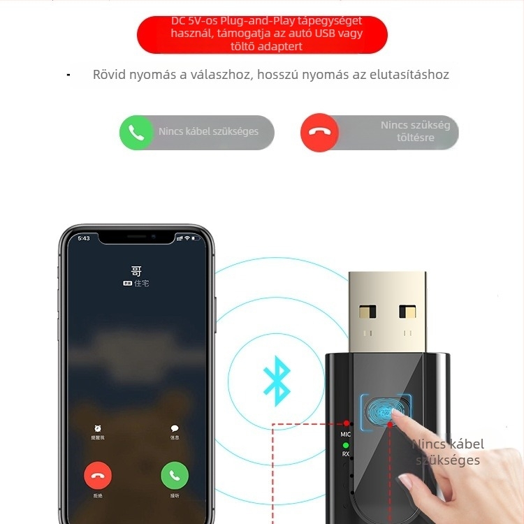 Autóba szóló USB Bluetooth vevő FM adóval, Huawei chip, Bluetooth 1.1, akkumulátor élettartama 0–4 óra, műanyag ház