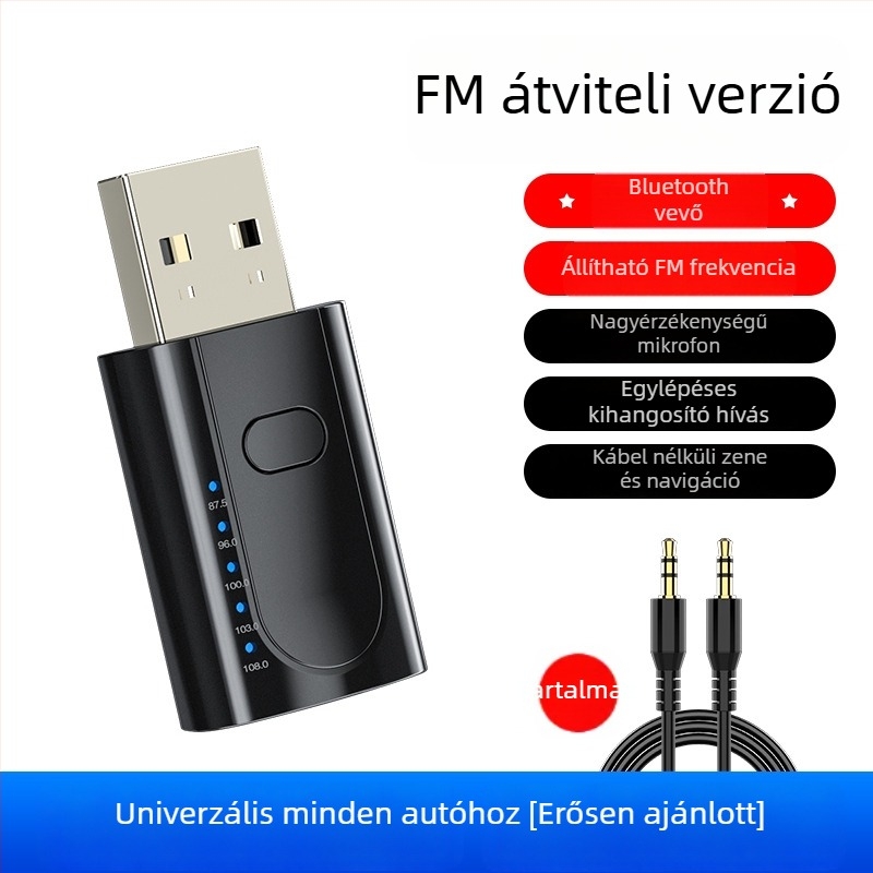 Autóba szóló USB Bluetooth vevő FM adóval, Huawei chip, Bluetooth 1.1, akkumulátor élettartama 0–4 óra, műanyag ház