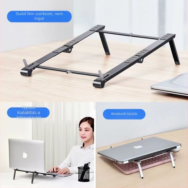 Laptops hűtőállvány alumínium ötvözetből, állítható magasságú, hordozható, 3-in-1 összecsukható, számítógépekhez