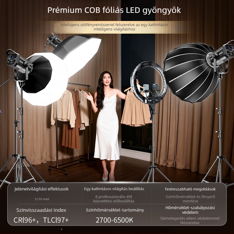 COB LED világítás élő közvetítéshez és fotózáshoz, szépségfény gömbfejjel, beltéri használatra