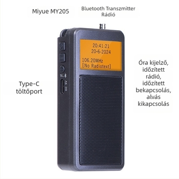My205 hordozható Bluetooth adó, sztereó FM rádió, digitális hangolás, 2 csatorna, lítiumakkumulátor