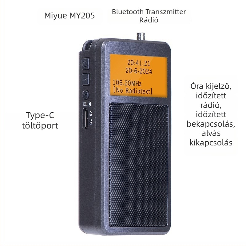My205 hordozható Bluetooth adó, sztereó FM rádió, digitális hangolás, 2 csatorna, lítiumakkumulátor