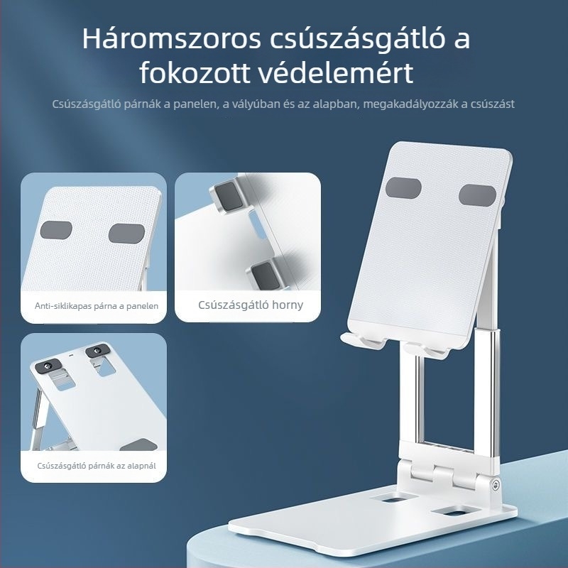 Összecsukható asztali tabletatartó forgatással és emeléssel, fém szerkezet