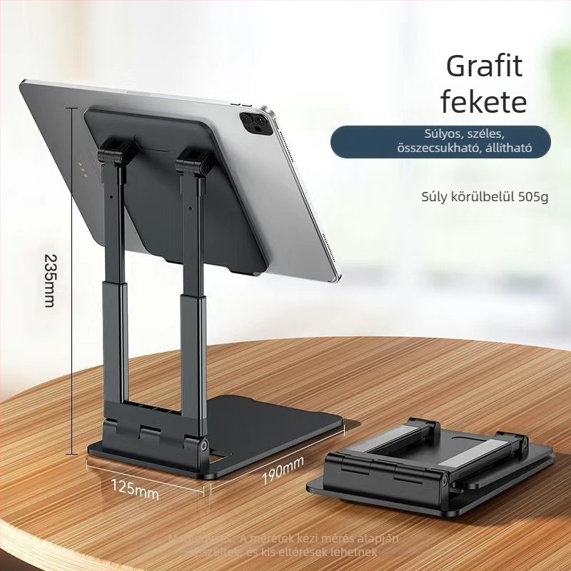 Összecsukható asztali tabletatartó forgatással és emeléssel, fém szerkezet