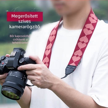 Kamera vállpánt, univerzális kereszt-test kivitel, vastagított nyomáscsökkentő dizájn, szőtt konstrukció, retro szív alakú dizájn, kompatibilis különböző tükrö nélküli fényképezőgépekkel