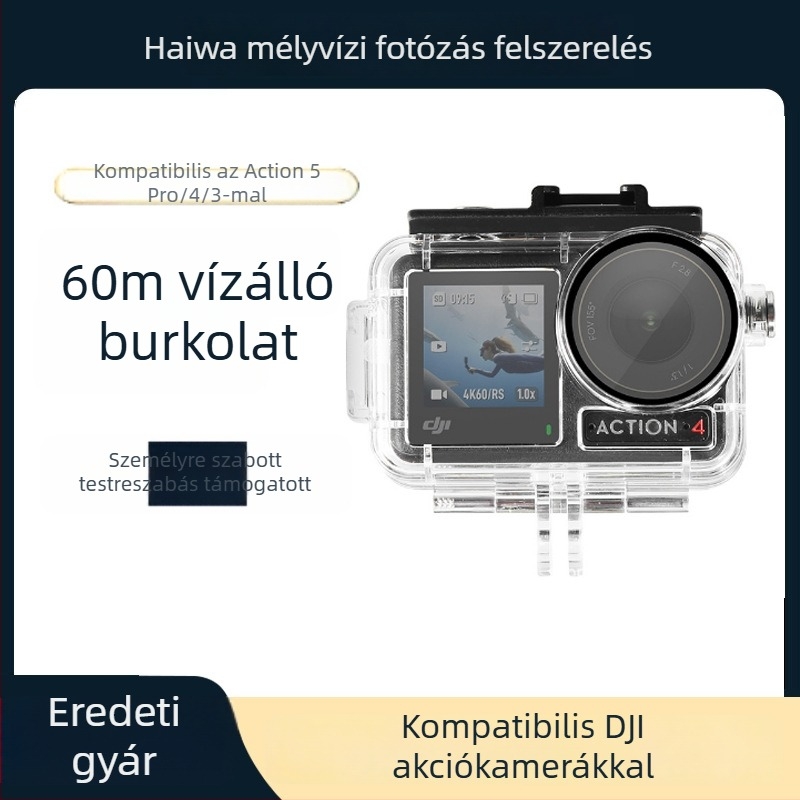 Vízálló kapszula DJI Action 5/4/3 — anyag: akril, edzett üveg és 316-os rozsdamentes acél; kompatibil az Action 5/4/3 modellel; súly 90 g; testreszabható logó