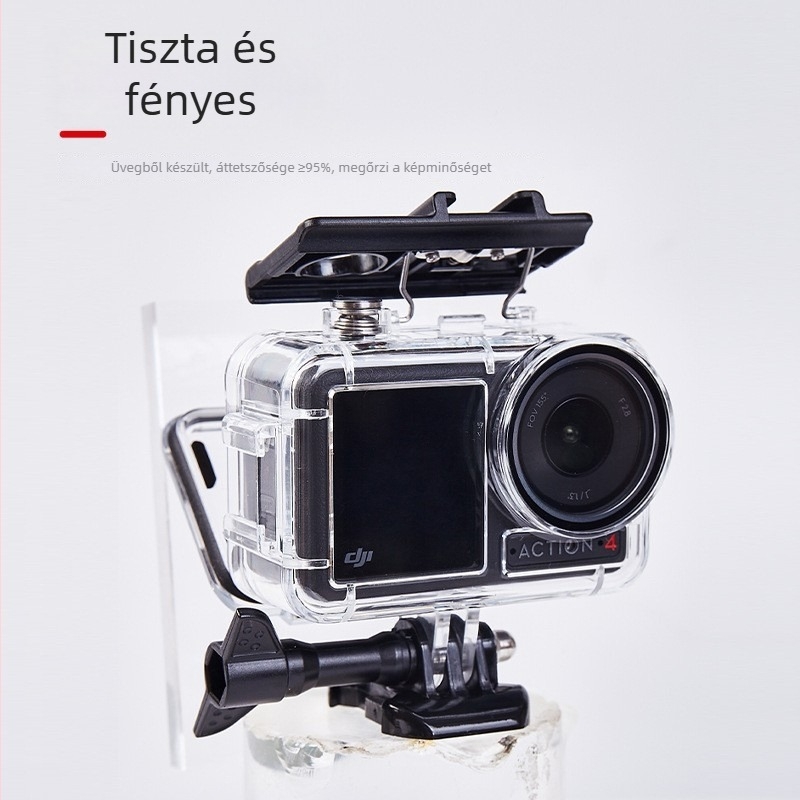 Vízálló kapszula DJI Action 5/4/3 — anyag: akril, edzett üveg és 316-os rozsdamentes acél; kompatibil az Action 5/4/3 modellel; súly 90 g; testreszabható logó