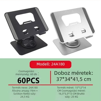 Fém tabletatartó 360°-os forgással, emelhető, hordozható és összecsukható