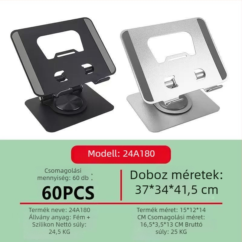 Fém tabletatartó 360°-os forgással, emelhető, hordozható és összecsukható
