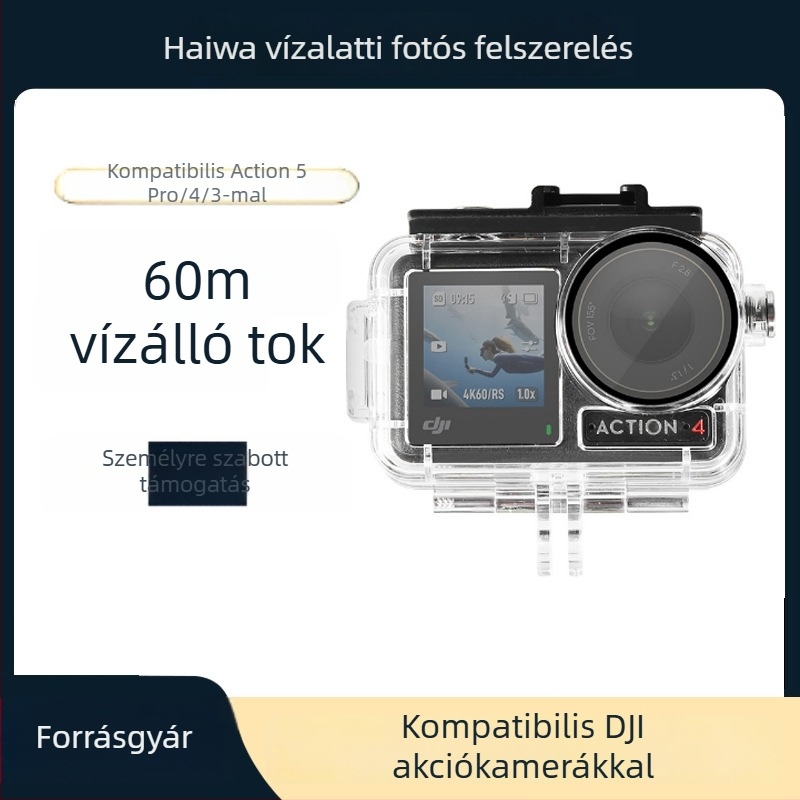 Universális vízálló tok DJI Action 5 Pro / 4 / 3-hoz | Anyagok: akril + temperált üveg + 316 rozsdamentes acél | Súly: 90 g | Csomag tartalma: vízálló tok, hosszú csavarok, alap | Testreszabható logó