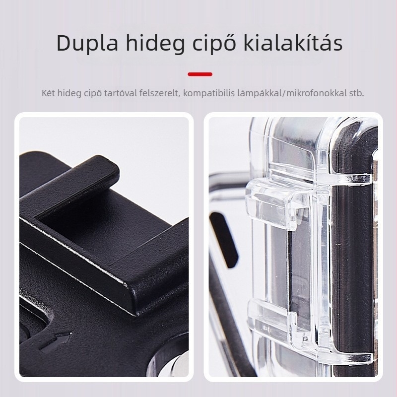Universális vízálló tok DJI Action 5 Pro / 4 / 3-hoz | Anyagok: akril + temperált üveg + 316 rozsdamentes acél | Súly: 90 g | Csomag tartalma: vízálló tok, hosszú csavarok, alap | Testreszabható logó