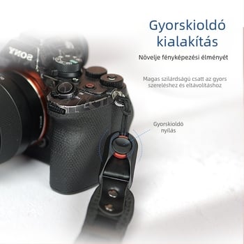Kamera karkötő zsinór vastított búváranyagból, gyorskioldó csattal és nagy szilárdságú mikroszálas bőrrel; Modell 20250526; teherbírás 50 kg; kompatibil DSLR és tükrös kamerákkal