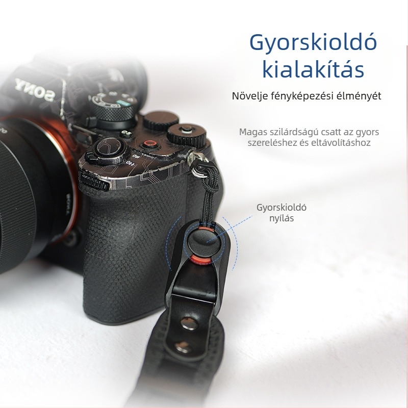 Kamera karkötő zsinór vastított búváranyagból, gyorskioldó csattal és nagy szilárdságú mikroszálas bőrrel; Modell 20250526; teherbírás 50 kg; kompatibil DSLR és tükrös kamerákkal