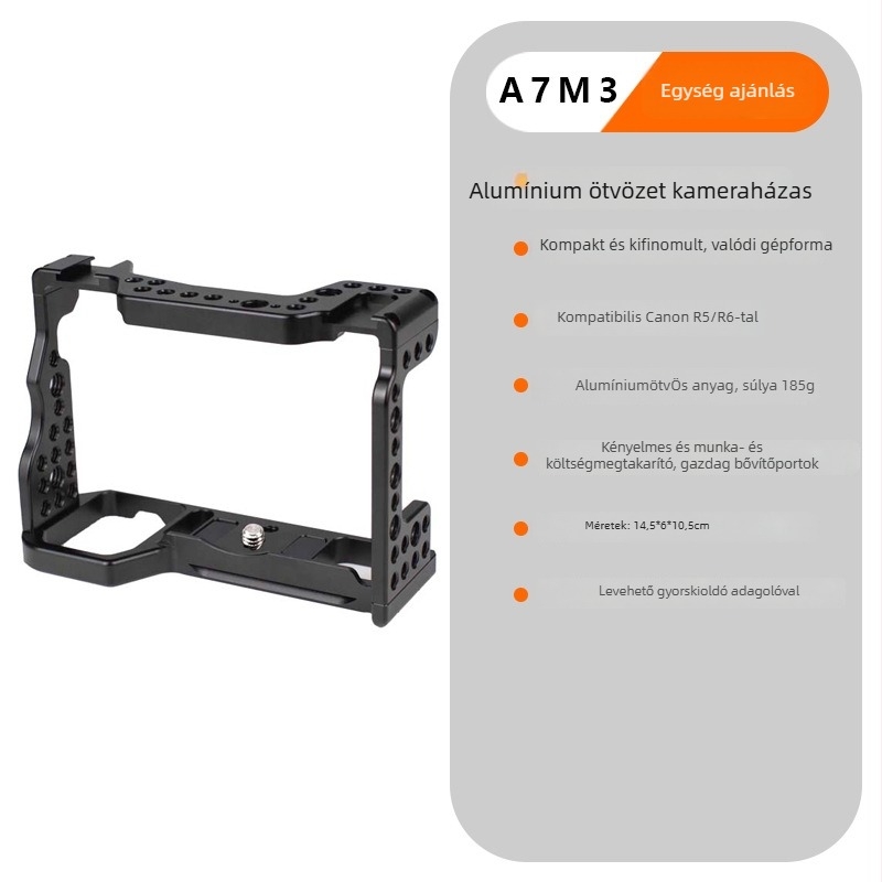 Alumínium ötvözetű kamera ketrec Sony A7M3/A7R3/A7C/A9 és Canon R5/R6 számára, maximális terhelés 2–5 kg