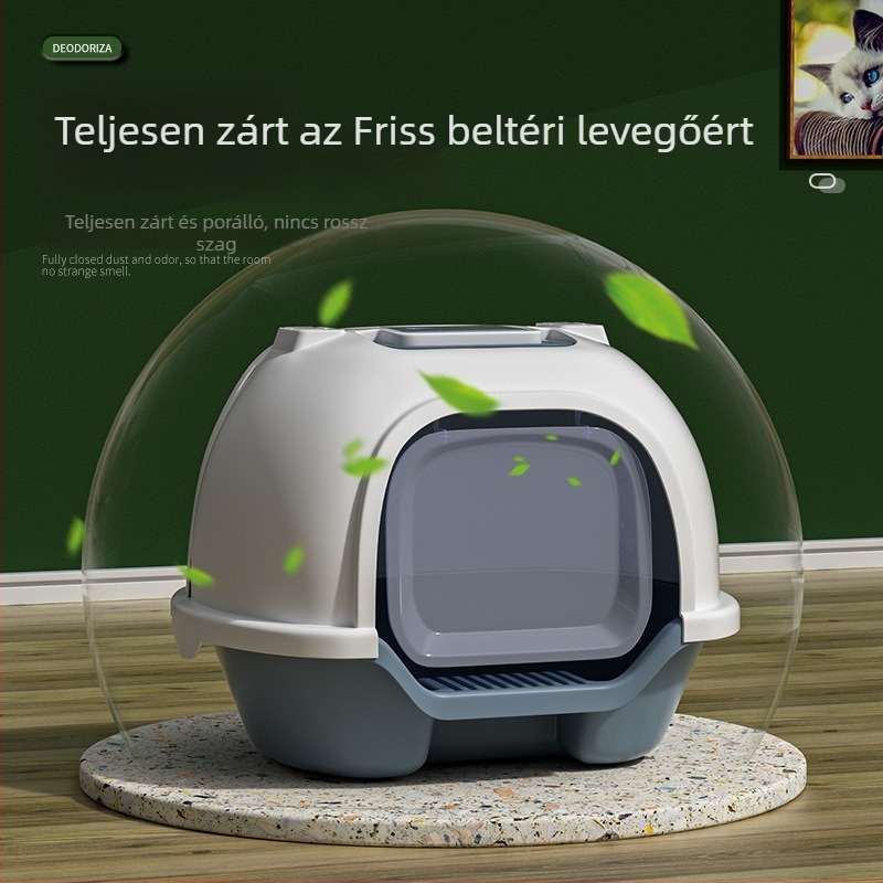Teljesen zárt macskaalmotálca dupla ajtóval, anti-spill kialakítás, hátsó lehajtható fedél, műanyagból, Han Han Pet