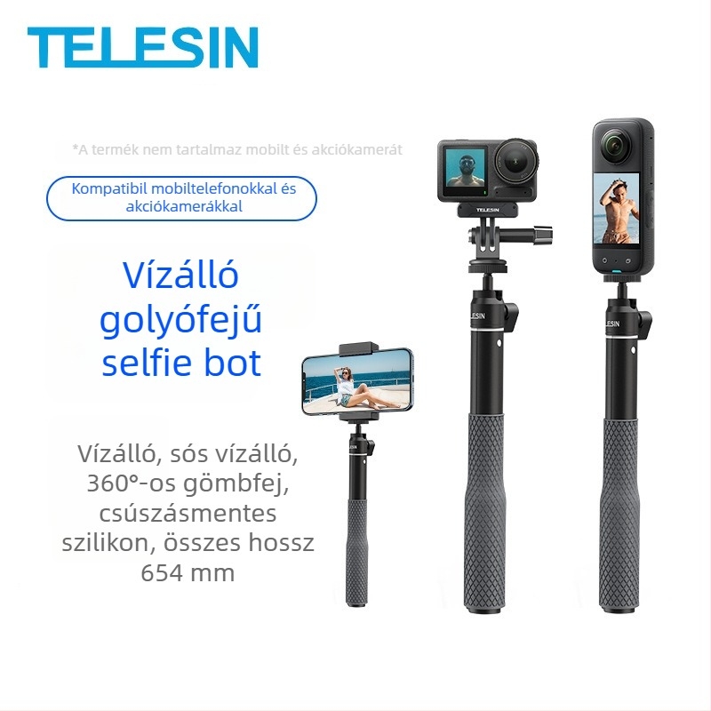 TELESIN Alumínium ötvözetű vízálló ball-head Selfie Stick GoPro hosszabbító rúddal, univerzális sportkamerák és okostelefonokhoz, modell WSS-001