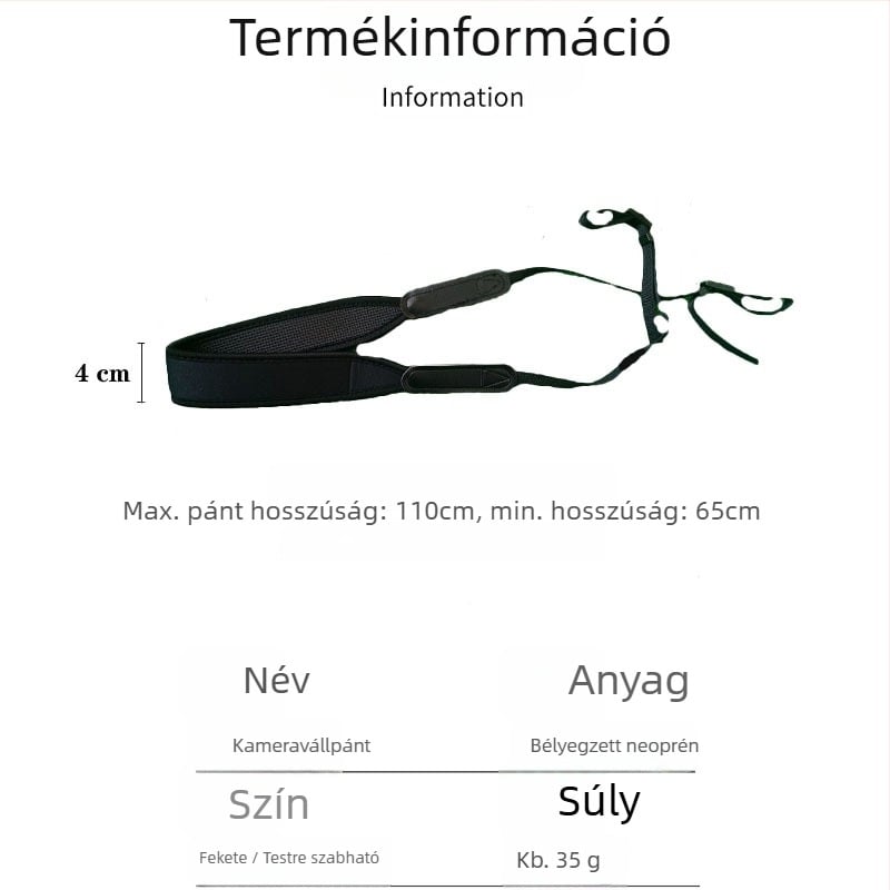 Kameraszíj gyorskioldó csattal, állítható hosszúságú, búváranyag, max terhelés 3 kg, kompatibilis minden fényképezőgéppel