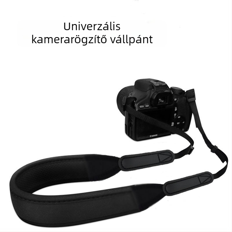 Kameraszíj gyorskioldó csattal, állítható hosszúságú, búváranyag, max terhelés 3 kg, kompatibilis minden fényképezőgéppel