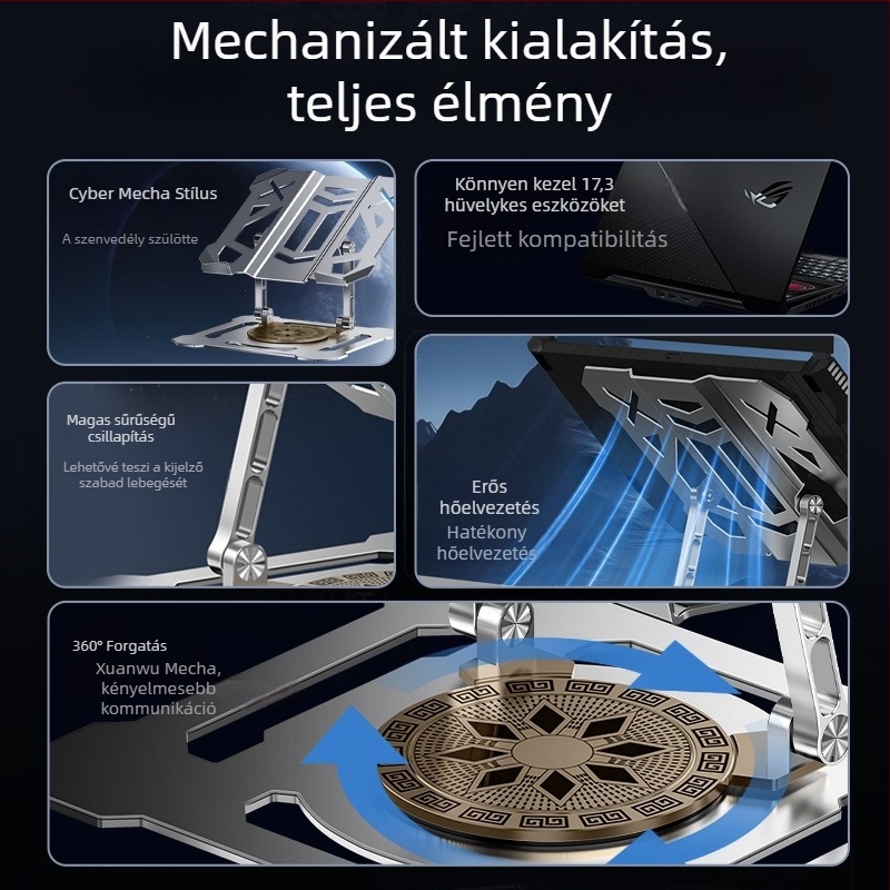 360°-os forgatható laptop-tartó, Mecha stílus, összehajtható asztali hűtőállvány, szénacél, modell L205-b, 2 kg, univerzális