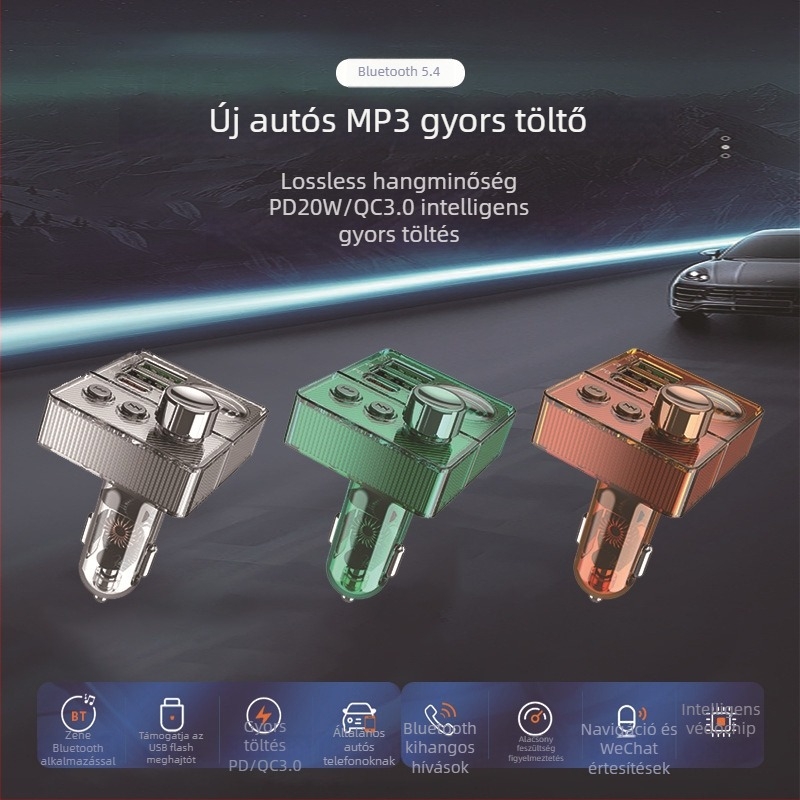 Autó Bluetooth MP3 Hands‑Free FM Adóátvitel QC3.0 Gyors Töltés és PD20W USB-C, USB/TF interfészek, 12–24V Autó Tápellátás