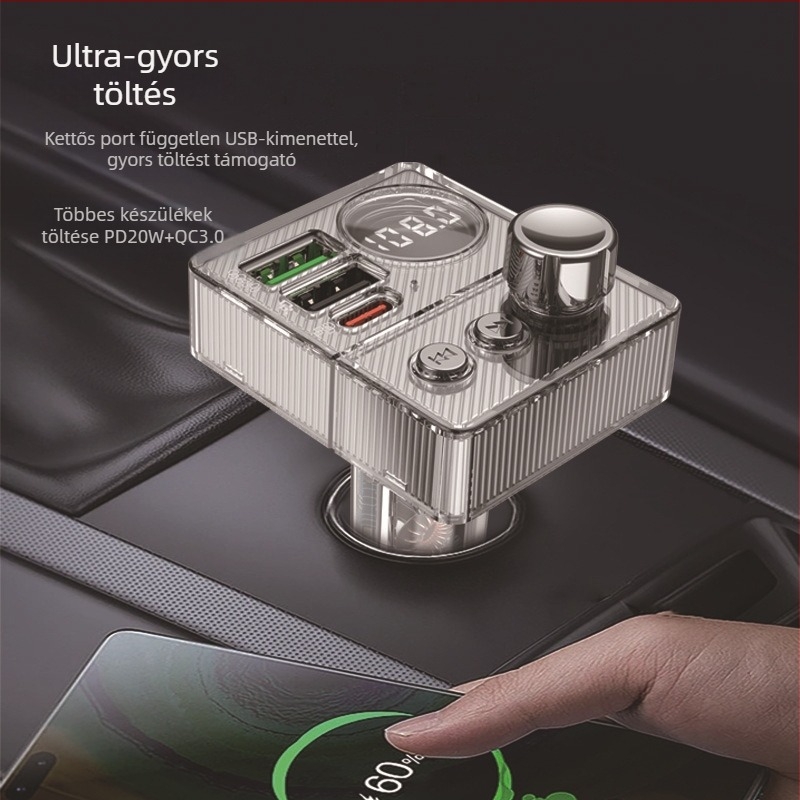 Autó Bluetooth MP3 Hands‑Free FM Adóátvitel QC3.0 Gyors Töltés és PD20W USB-C, USB/TF interfészek, 12–24V Autó Tápellátás