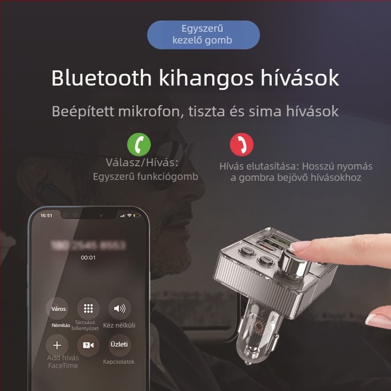 Autó Bluetooth MP3 Hands‑Free FM Adóátvitel QC3.0 Gyors Töltés és PD20W USB-C, USB/TF interfészek, 12–24V Autó Tápellátás