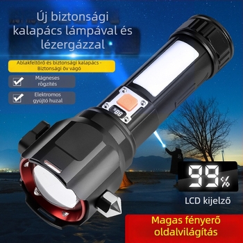 Többfunkciós biztonsági kalapács LED-lámpával – alumínium ötvözet test, újratölthető LED, optikai zoom, túláram elleni védelem