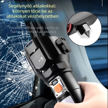Többfunkciós biztonsági kalapács LED-lámpával – alumínium ötvözet test, újratölthető LED, optikai zoom, túláram elleni védelem