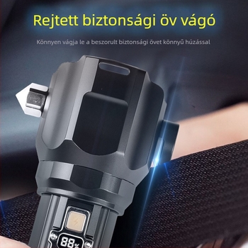 Többfunkciós biztonsági kalapács LED-lámpával – alumínium ötvözet test, újratölthető LED, optikai zoom, túláram elleni védelem