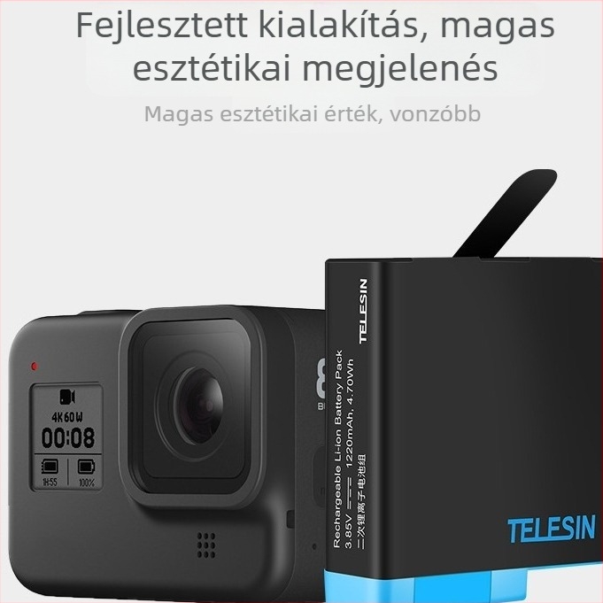 TELESIN Li-ion akkumulátor GoPro 5/6/7/8-hoz — ütéscsillapító, ütésálló, ideális önarcképhez