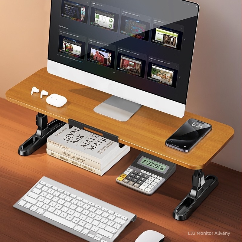 Fából készültmonitoremelő állvány, összecsukható kivitel, telefon tartóval, modell 05821, általános felhasználás