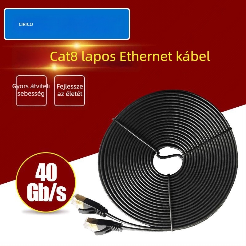 CAT8 SSTP lapos Ethernet-kábel, SSTP árnyékolás, akár 20 Gbps, 2000 MHz, üzemi hőmérséklet -20–75 °C