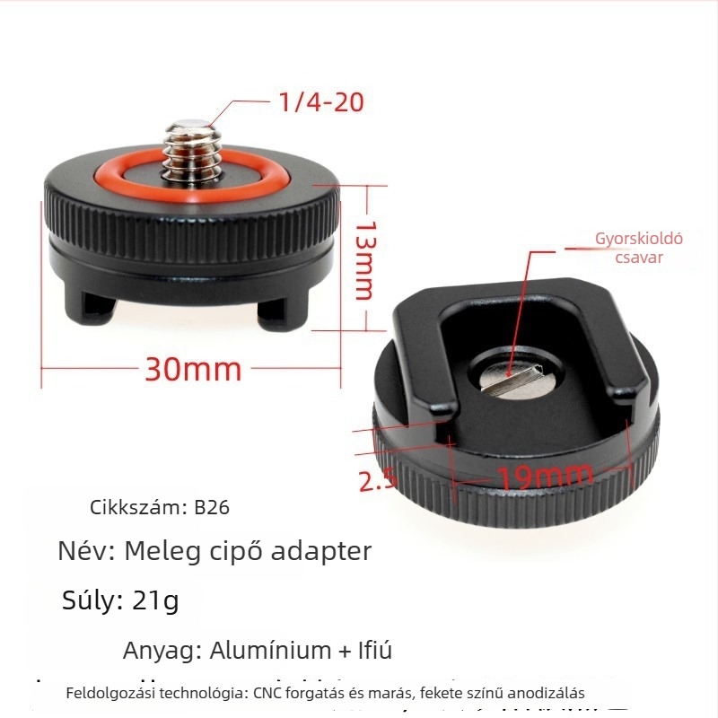Kamera kiegészítő tartó: 1/4'' csavaros adapter hideg cipőhöz, alumínium ötvözet, teherbírás 2-5 kg