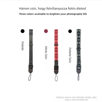 Kamera csuklópánt szív alakú dizájnnal, gyorskioldó csattal, állítható; Anyag: erős nylon szalag + mikroszálas bőr; Modell: egyszerű gyorsoldó csuklópánt; Teherbírás: 50 kg; Kompatibilis DSLR és mirrorless kamerákkal