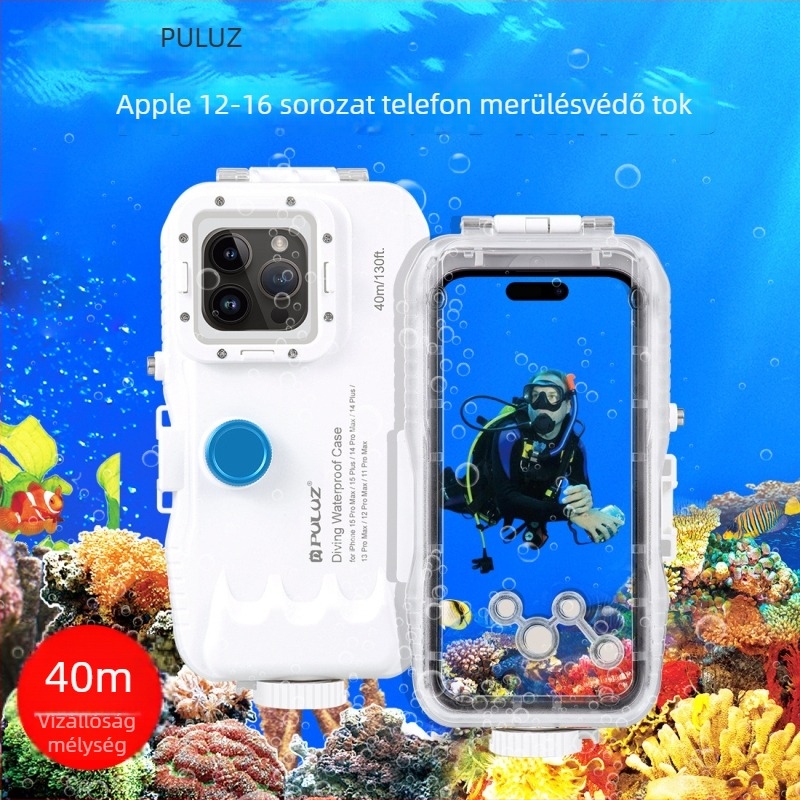 Vízálló merülő tok iPhone 12–15 sorozathoz — ABS+PC, 40 m mélység, modell PU9116/PU9115