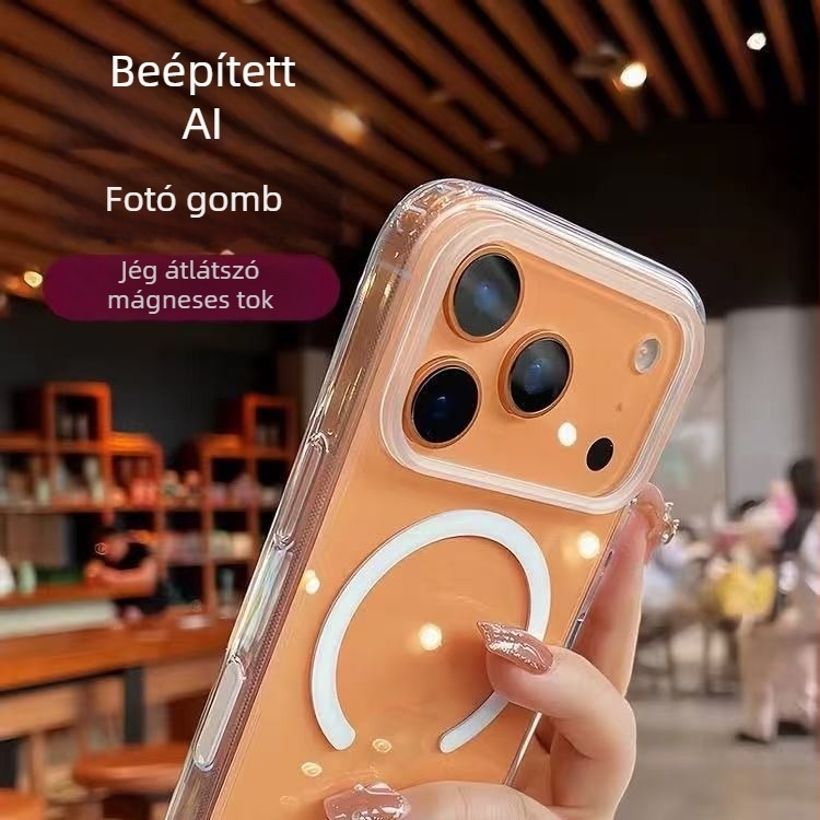 AI érintőgombos átlátszó mágneses tok iPhone 16 Pro-hoz, 17 Pro Max kamera kompatibilis, ütésálló