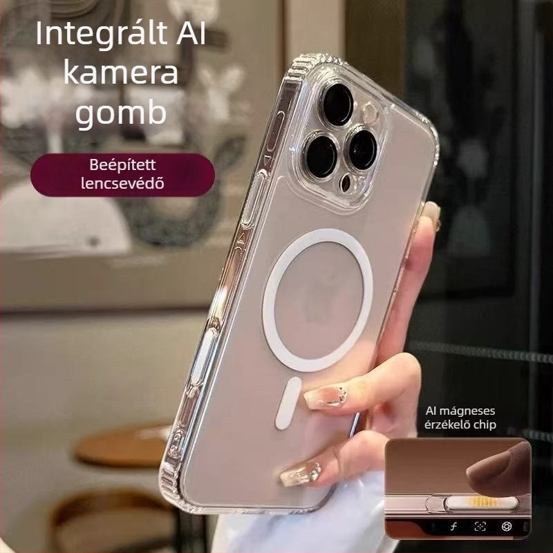AI érintőgombos átlátszó mágneses tok iPhone 16 Pro-hoz, 17 Pro Max kamera kompatibilis, ütésálló