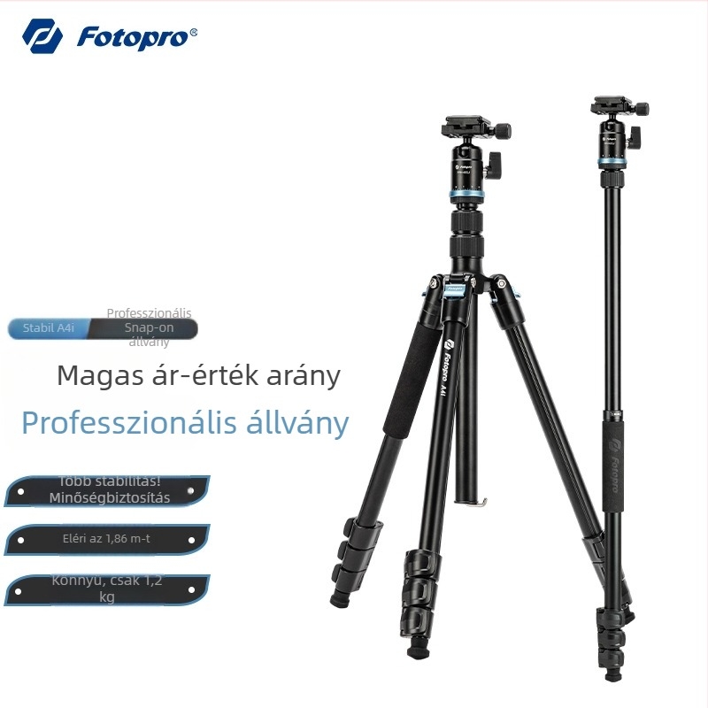 Fotopro A4i Kameraállvány Gömbfejjel, 4 részes alumíniumötvözet, levehető monopód, teherbírás 6-10 kg