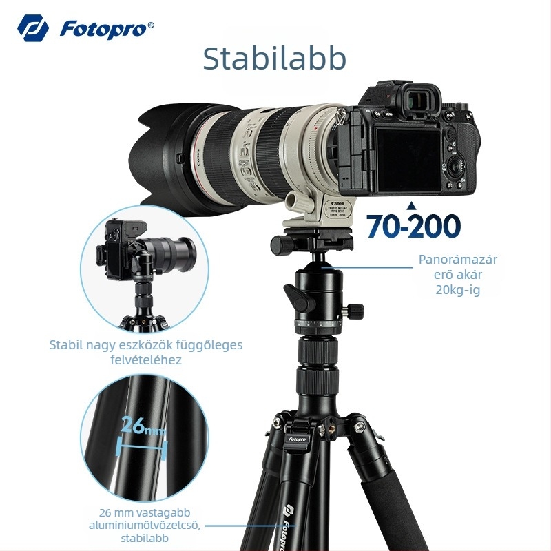 Fotopro A4i Kameraállvány Gömbfejjel, 4 részes alumíniumötvözet, levehető monopód, teherbírás 6-10 kg