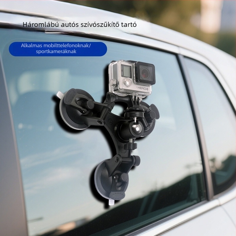 Autóba szerelhető vákuumos tartó GoPro akciókamera számára – Xp01-1; Anyag: műanyag alkatrészek; Maximális terhelés: <2 kg; Tartozékok: vákuumos rögzítő, pan/tilt fej, telefonklip