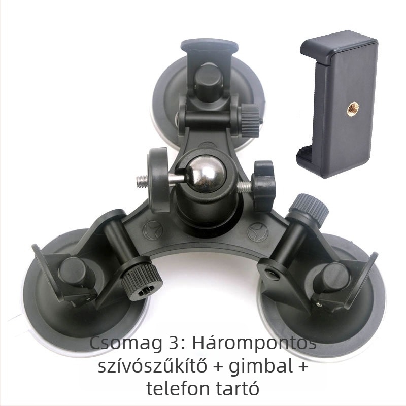 Autóba szerelhető vákuumos tartó GoPro akciókamera számára – Xp01-1; Anyag: műanyag alkatrészek; Maximális terhelés: <2 kg; Tartozékok: vákuumos rögzítő, pan/tilt fej, telefonklip