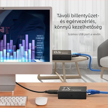 USB hosszabbító Hue104, univerzális kompatibilitás, kábelhossz 0–120 m, felbontás 1920x1080, távoli ébresztés nem támogatott, energia-gazdálkodás nem támogatott