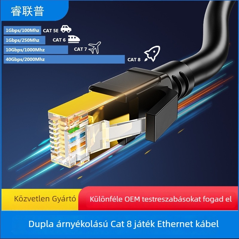 CAT8 hálózati kábel, tiszta réz, 40 Gbps, RJ-45 csatlakozó (vezető átmérője 6.0±0.2 mm)