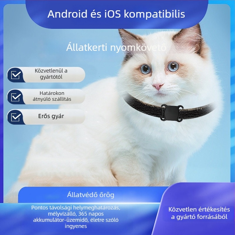 GPS nyomkövető kisállatoknak, anti‑lost eszköz macskáknak és kutyáknak, nyakörv Airtag tracker, Modell F2, ABS, CR2032 elem, súly 9,3 g